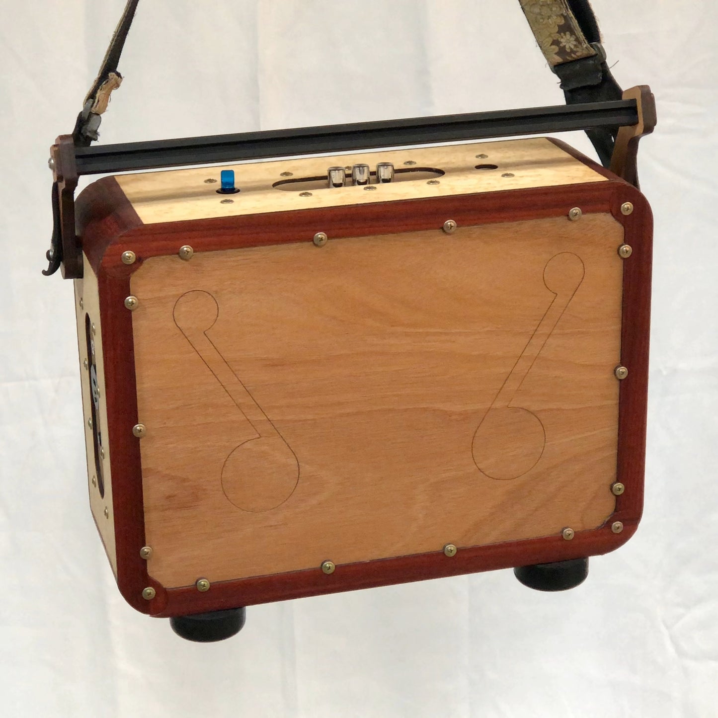 Handmade Wooden Boombox: made of Birdseye Maple, Padauk, Mahogany, Cedar.