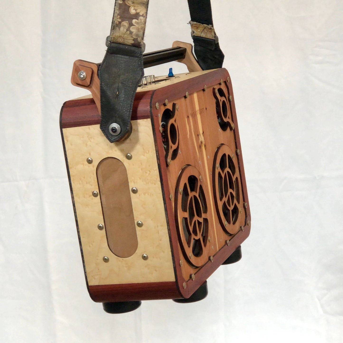 Handmade Wooden Boombox: made of Birdseye Maple, Padauk, Mahogany, Cedar.