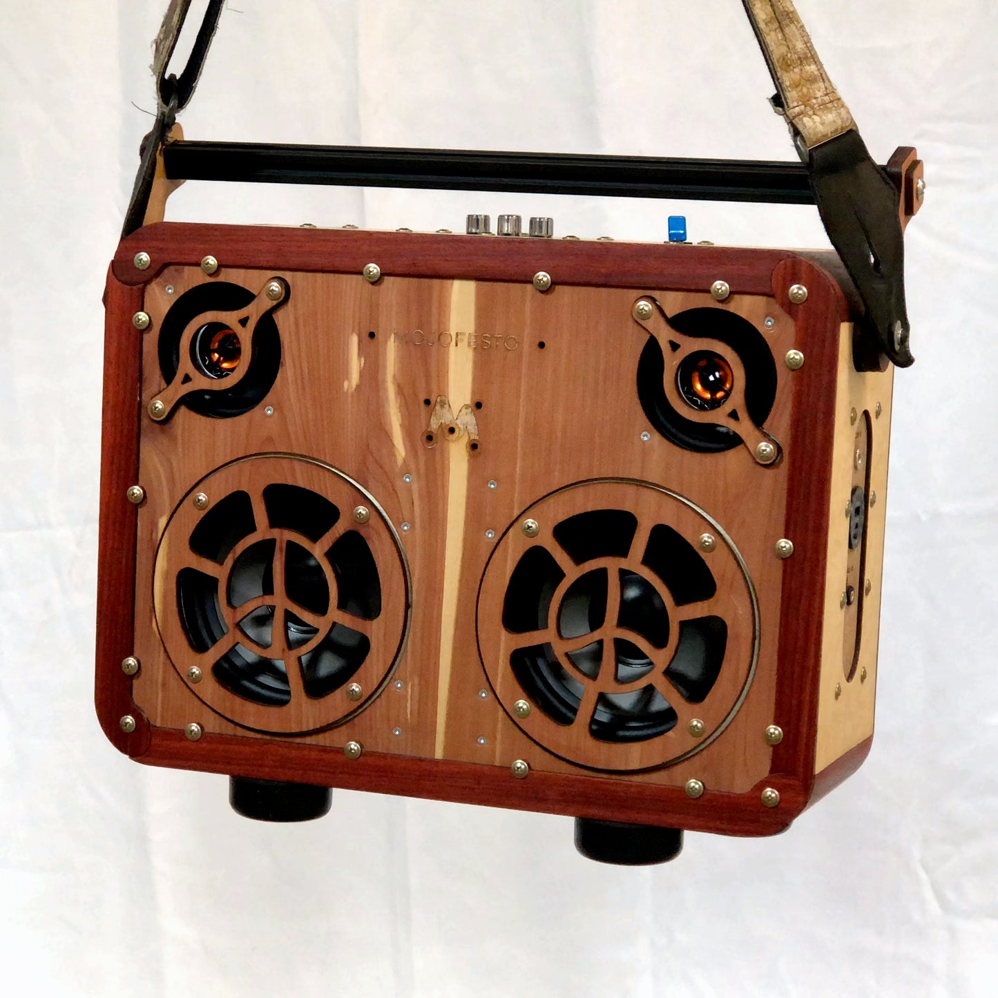 Handmade Wooden Boombox: made of Birdseye Maple, Padauk, Mahogany, Cedar.