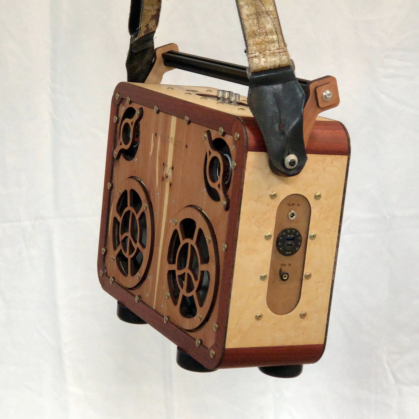 Handmade Wooden Boombox: made of Birdseye Maple, Padauk, Mahogany, Cedar.